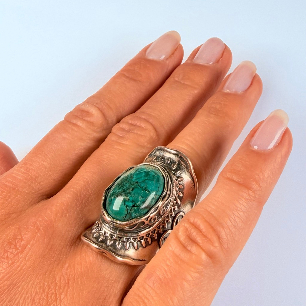 DIDAE 9.5CT Real Eliat Turquoise Sterling Silver Vintage Boho Saddle Israel Ring - Picture 11 of 12
